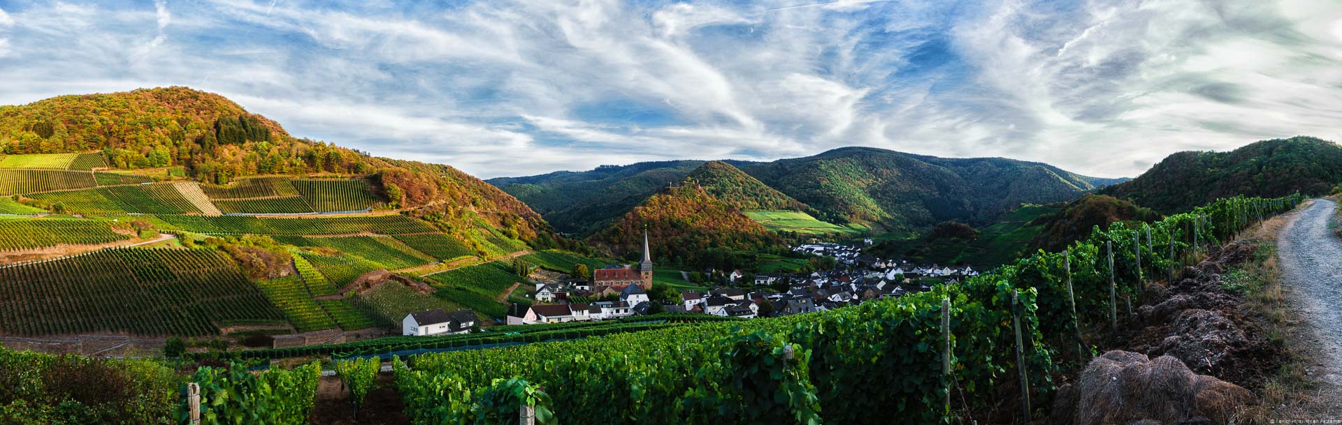 Talkessel im Weinanbaugebiet Ahr rund um den Ort Mayschoss; Weinberg Mayschosser Mönchberg; bewaldete Hügel; Himmel mit Wolken