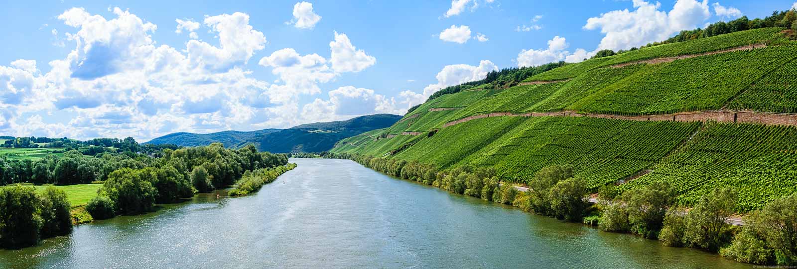 Von der Brücke aus blickt man auf den Strom der Mosel. Am rechten Ufer liegt der Weinberg Brauneberger Juffer. Am linken Ufer sind Wälder