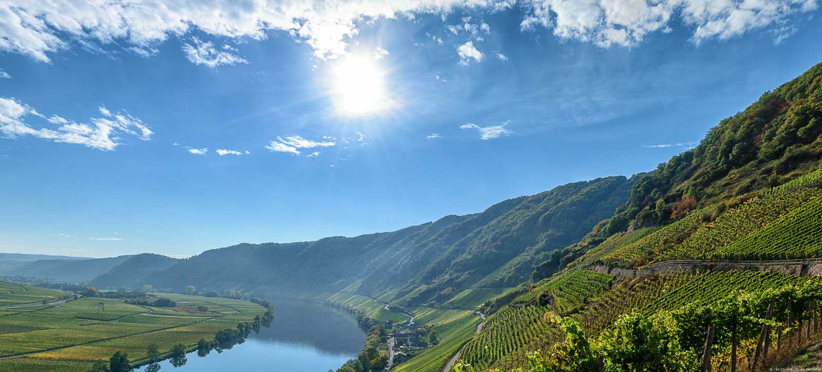 In der Mitte links fließt der Fluss Mosel. Am linken Ufer befinden sich flache Weingärten. Am rechten Ufer liegt der Ort Ferres. Hinter dem Ort Ferres am rechten Ufer liegt der Piesporter Grafenberg. Am blauen Himmel scheint oben die Sonne. Dort sind einige Wolken