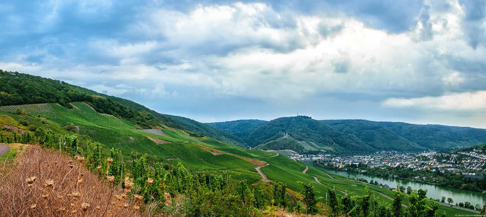 Man blickt auf den Weinberg Bernkasteler Johannisbrünnchen. Unten rechts fließt die Mosel. An den Ufern der Mosel befinden sich die Häuser des Ortes Bernkastel-Kues. Dort liegt auch die Burg Landshut auf einem Hügel. Im Hintergrund sind bewaldete Hügel, und große Wolken am Himmel.