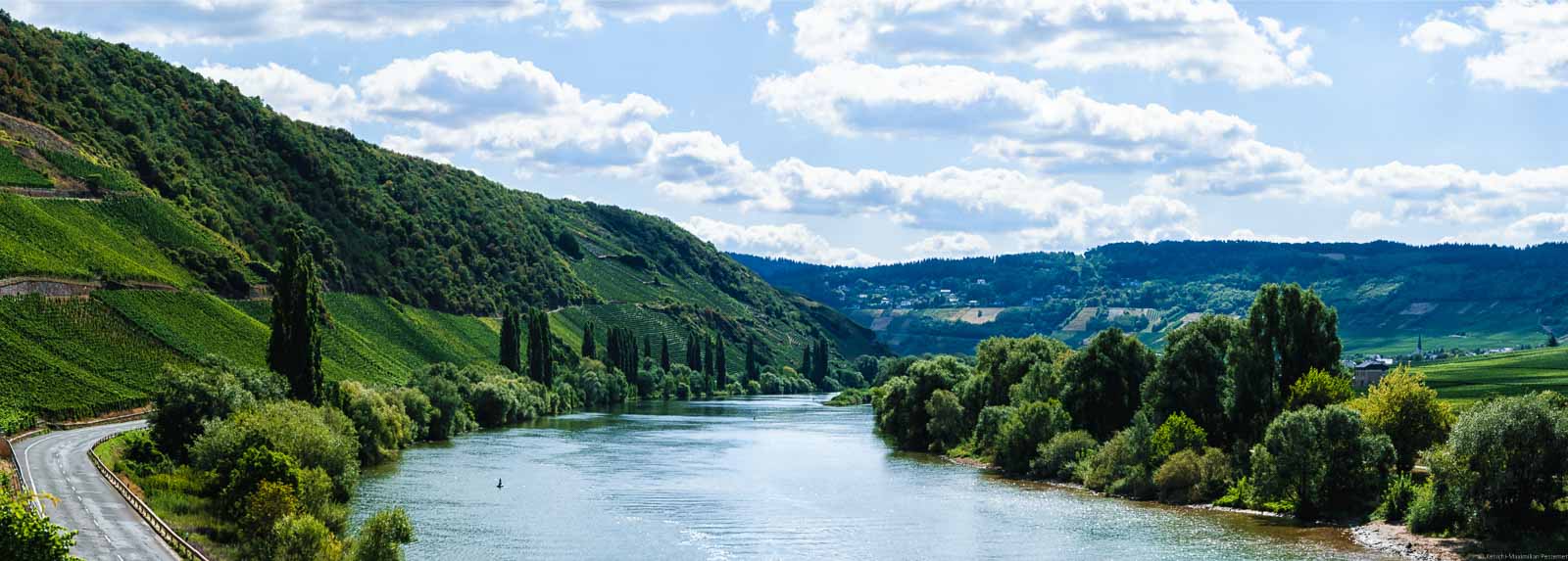 Vorne und in der Mitte fließt der Fluss Mosel. Am linken Ufer ist vorne ein Straße. Vorne oberhalb des linken Ufer liegt die Köwericher Laurentiuslay. Weiter hinten am linken Ufer befindet sich der Weinberg Leiwener Laurentiuslay. Am rechten Ufer erblickt man Wald und im Hintergrund den Ort Leiwen sowie bewaldete Hügel. Am blauen Himmel sind weiße Wolken.