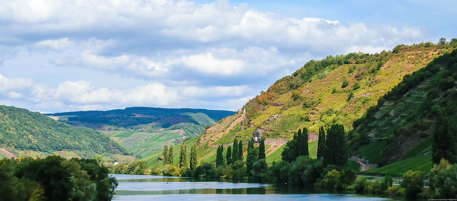 Der Fluss fließt in eine Kurve. An beiden Ufern liegen Weinberge. Am rechten Ufer liegt das steile Neumagener Rosengärtchen. Am grau-blauen Himmel sind Wolken.