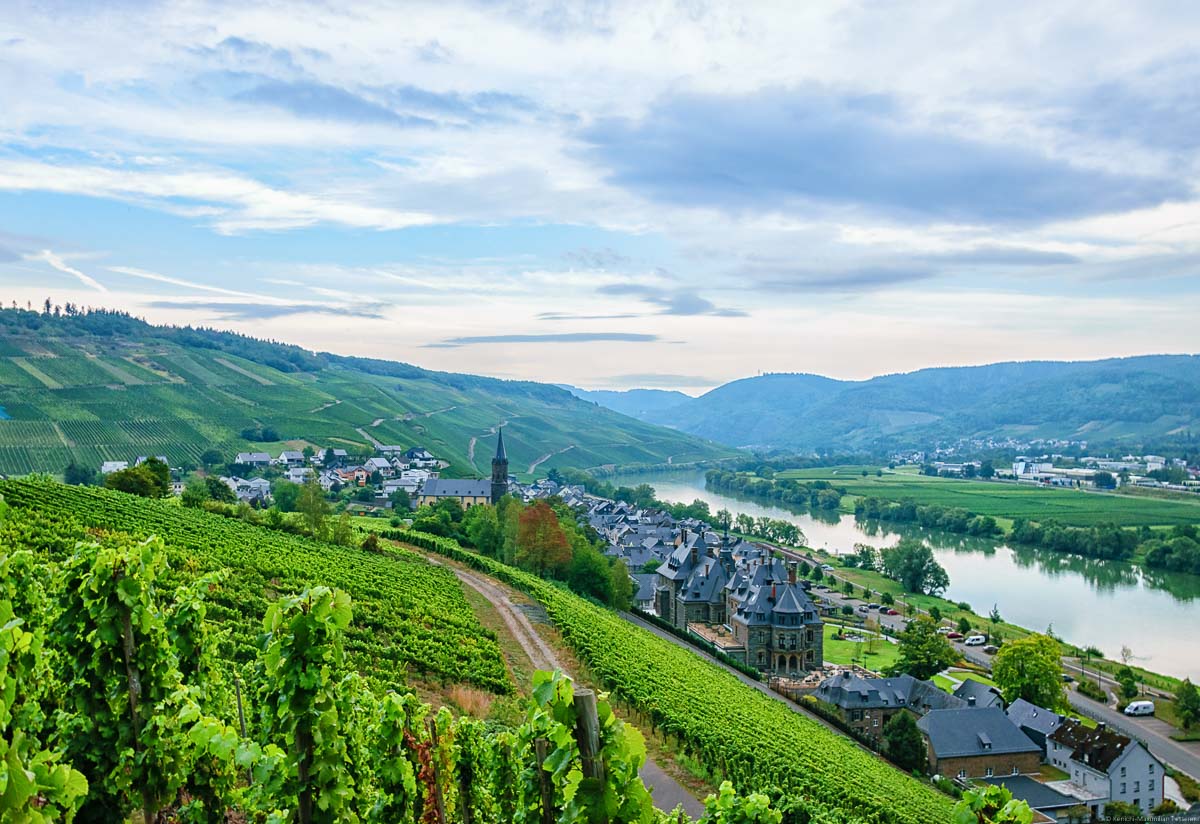 Man blickt vom Weinberg Lieserer Rosenlay auf den Ort Lieser im Tal, den Fluss Mosel rechts, den Weinberg Lieserer Niederberg-Helden links hinten,, den Ort Andel am anderen Moselufer, bewaldete Hügel rund um Bernkastel-Kues im Hintergrund und einen bewölkten Himmel oben.