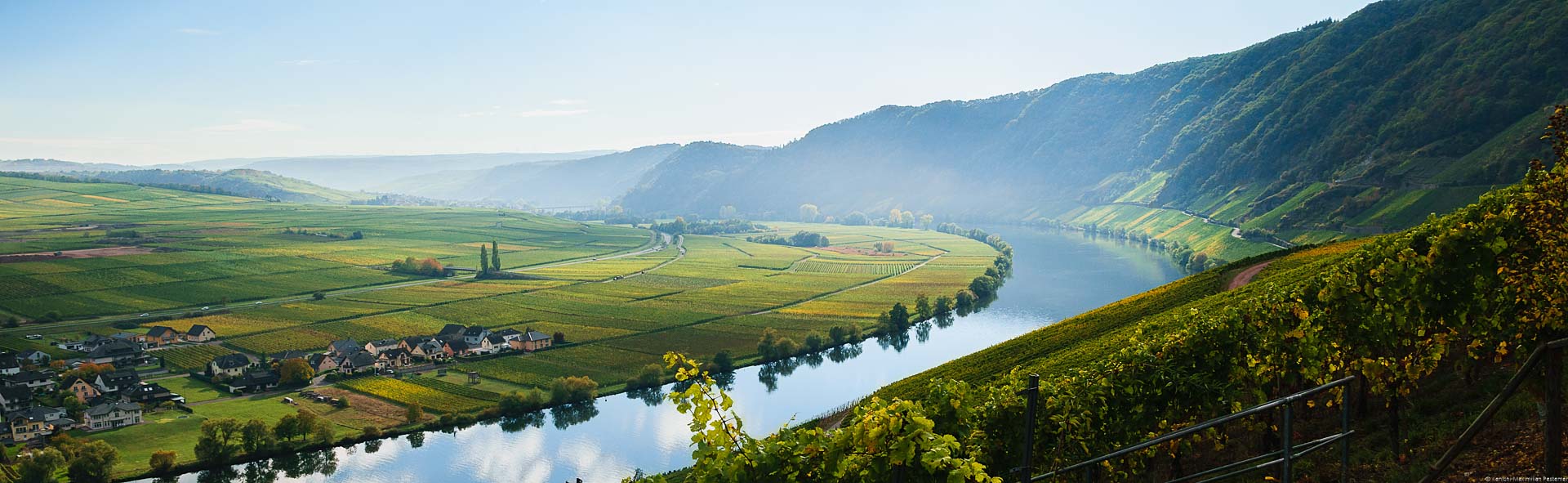 Vom Goldtröpchen aus kann man einen wunderbaren Ausblick auf Weinberge genießen. Man erkennt am linken Ufer des Flusses Mosel in der Mitte den flachen Weinberg Piesporter Treppchen.