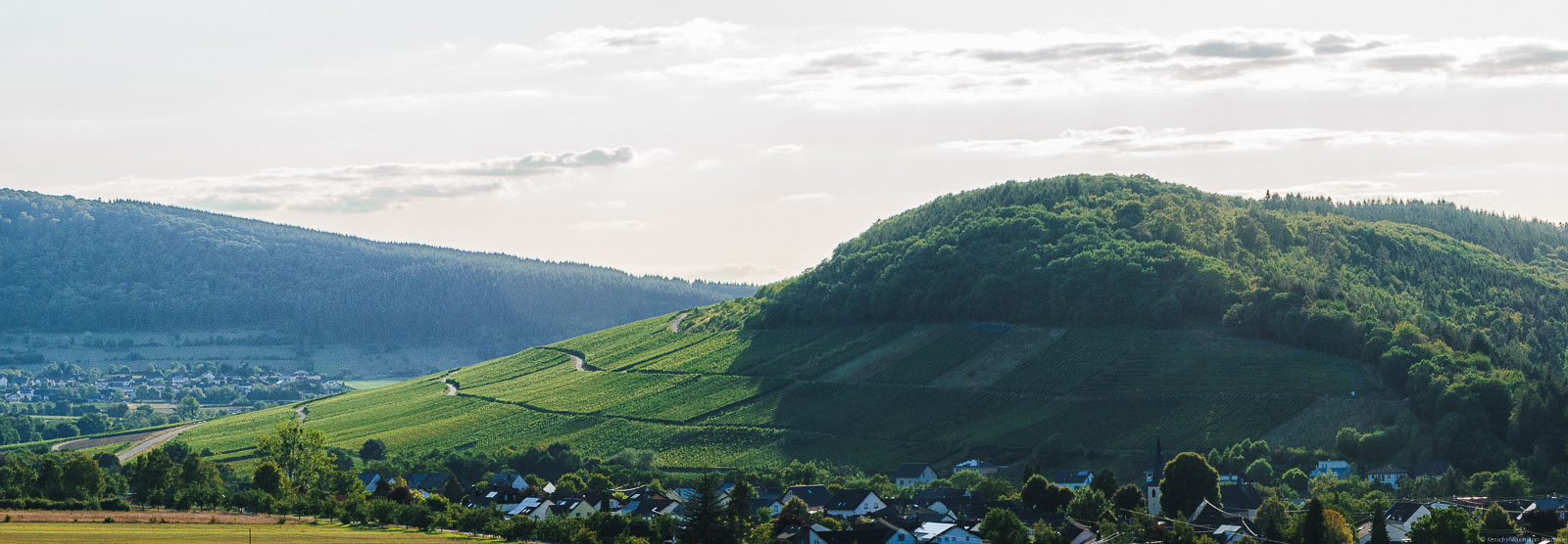 Der Weinberg Maring-Noviander Römerpfad befindet sich oberhalb des Dorfes im Vordergrund. Am Hang oben ist Wald. Im Hintergrund links befindet sich der Ort Osann-Monzel mit einem bewaldeten Hügel. Am grauen und rötlichen Himmel geht die Sonne unter.