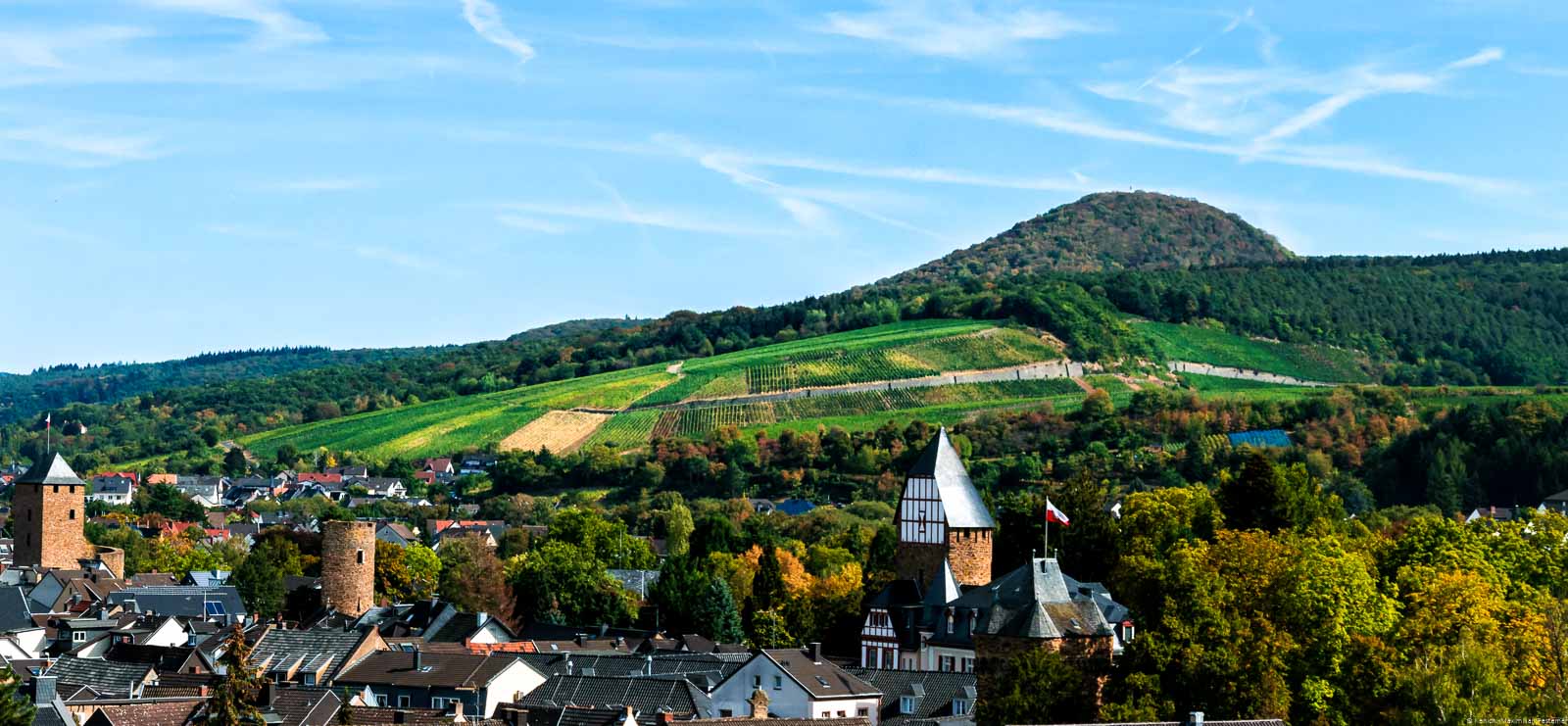 Am Bachemer Sonnenschein werden Rotweine hergestellt. Vorne liegt die Stadt Bad Neuenahr-Ahrweiler. Der Weinberg liegt hinter der Stadt auf einen Hügel. Auf dem Hügel ist Wald. Am Himmel sind Wolken.