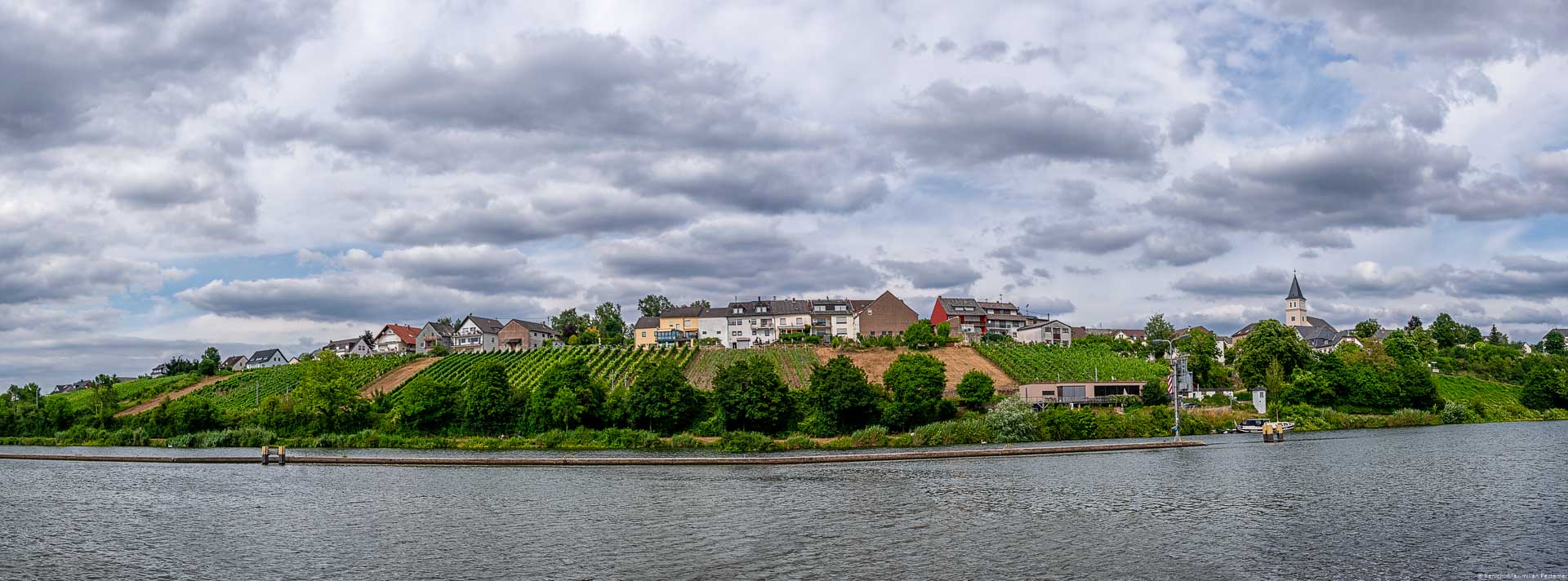 Mosel im Vordergrund mit Weinbergen, Ort und bewölktem Himmel im Hintergrund