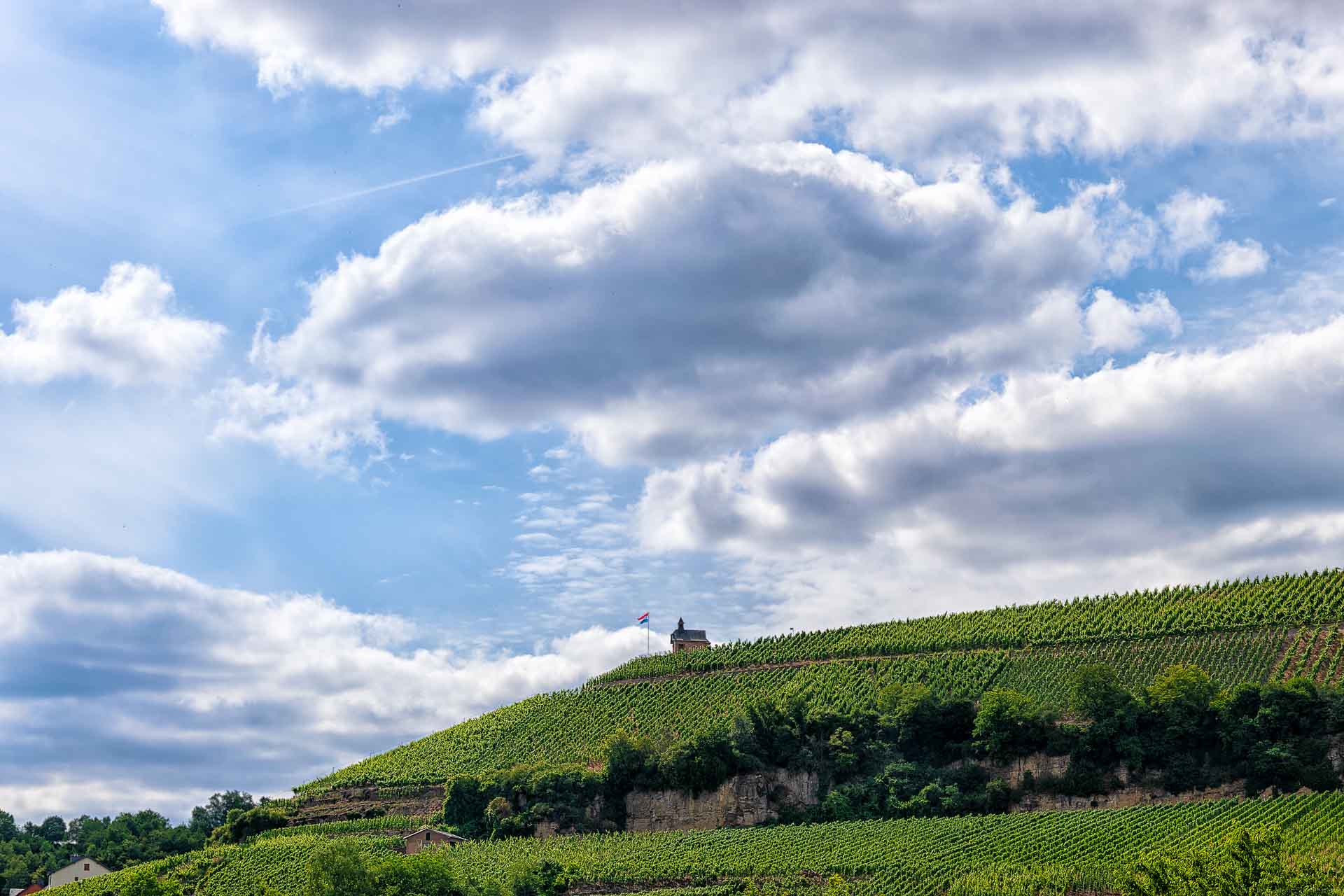 Man sieht den Weinberg Wormeldange Koeppchen mit einem Häuschen und der Flagge Luxemburgs bei sonnigem Wetter und einigen Wolken. Der Himmel ist blau.