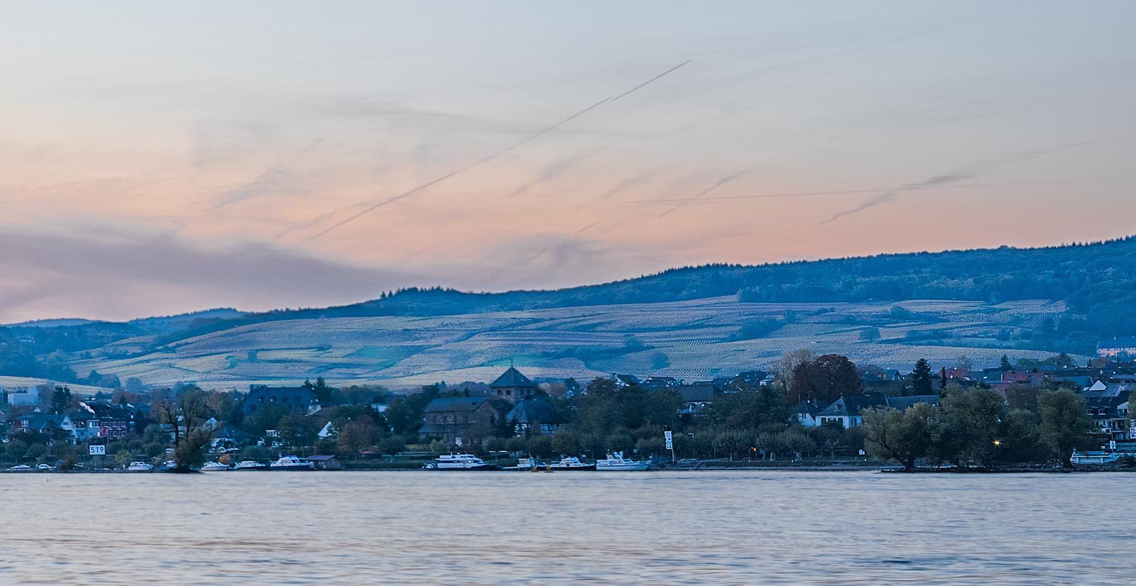 Vorne im Bild fließt der Rhein unten. Auf der gegenüberliegenden Seite des Rheins sieht man Oestrich-Winkel. Man erkennt dort am Ufer Boote, Häuser. eine Uferpromenade, eine Kirche und Weinberge im Hintergrund. Dir Himmel ist rötlich und bläulich gefärbt.