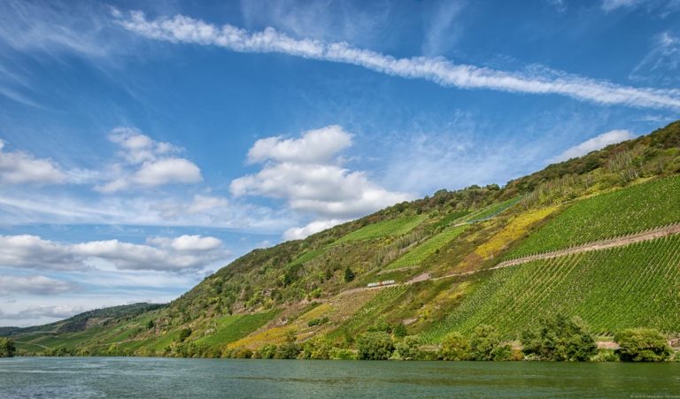 Der Fluss Mosel im Vordergrund, Im Hintergrund der Weinberg Briedeler Herzchen und der Himmel