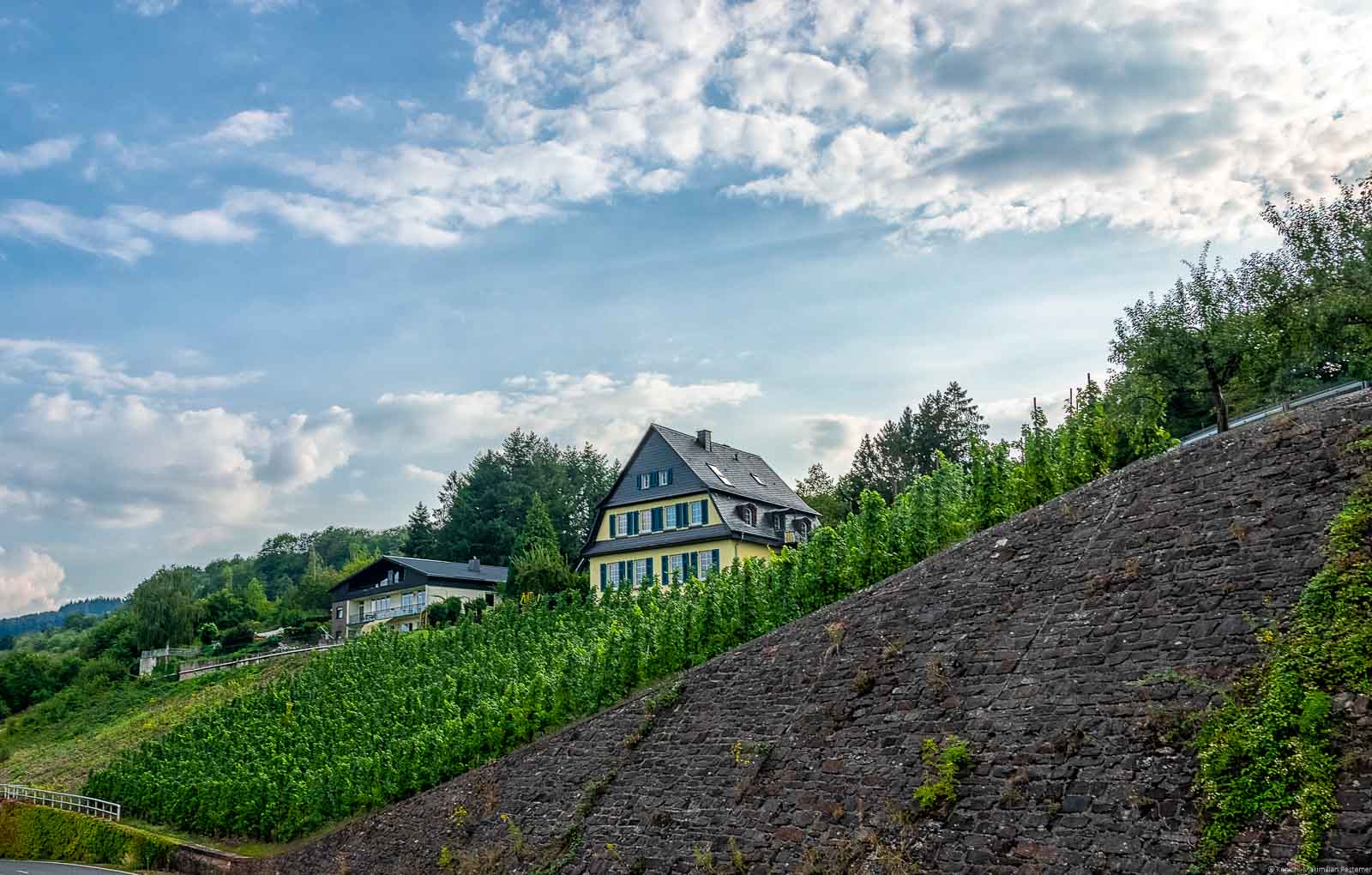 Eine Mauer stützt den Weinberg. Auf den Weinberg Reiler Falklay befindet sich ein Haus