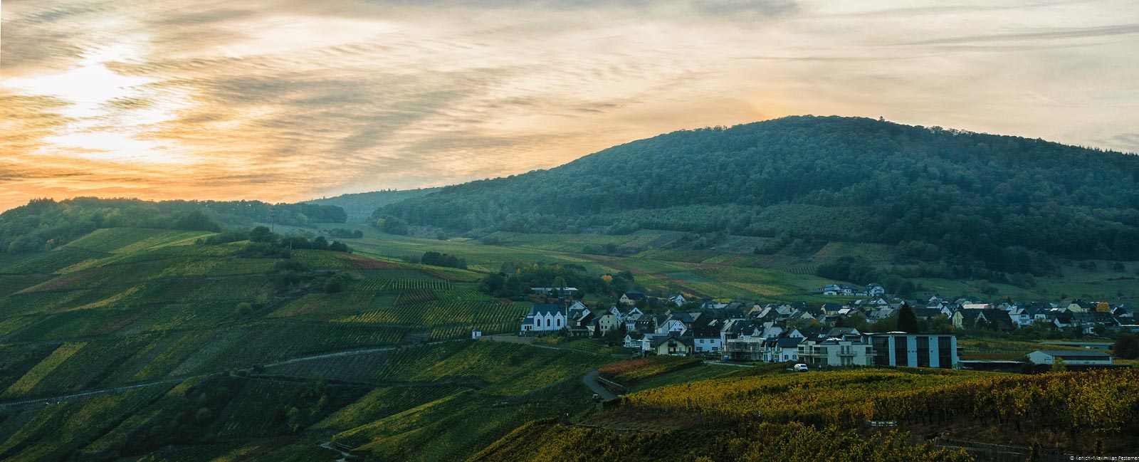 Das Monzeler Kätzchen ist ein Mosel-Weinberg in der Nähe des Ortes Monzel. Hier ist ein Sonnenuntergang zu sehen.