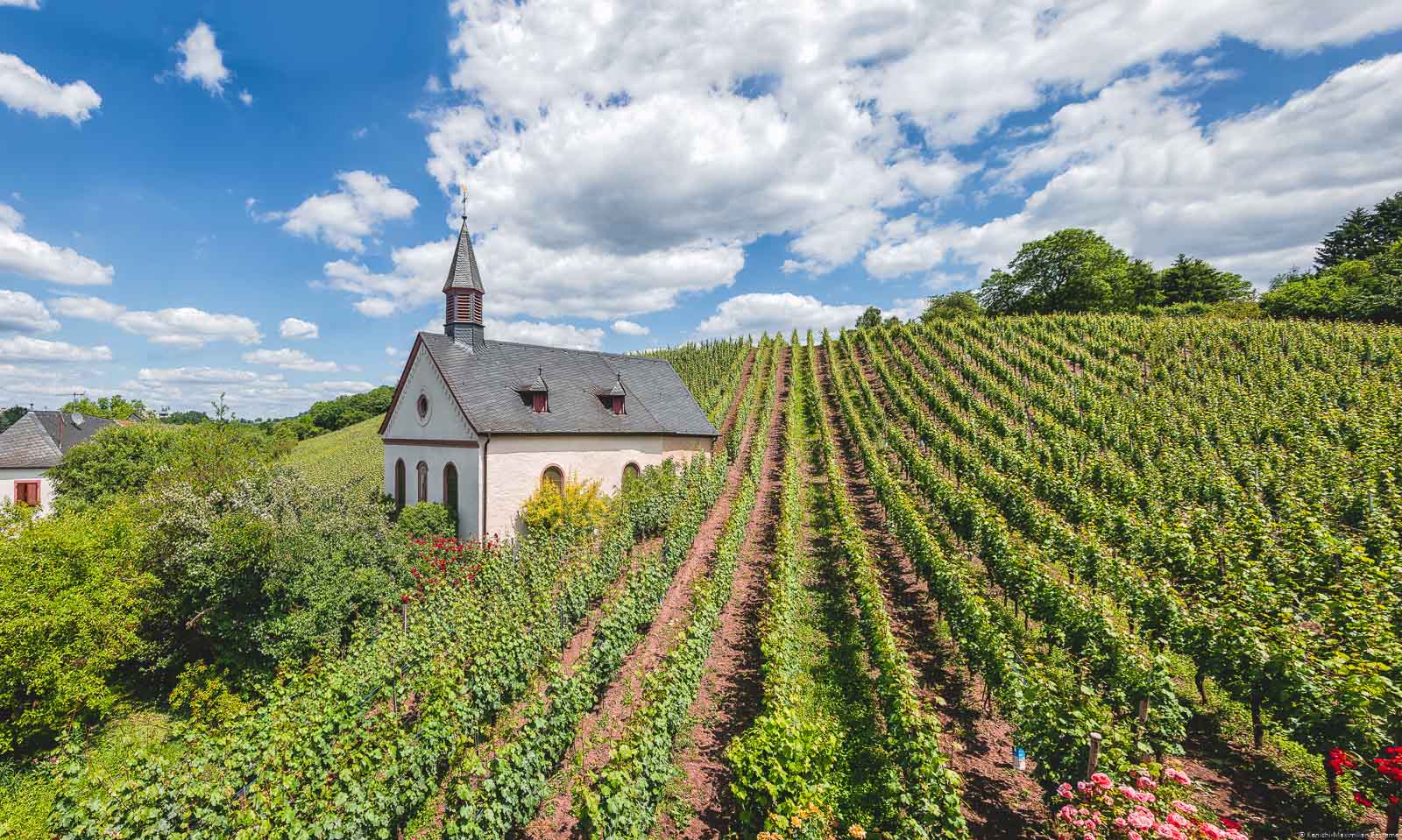 Vorne ist ein Weinberg St. Matheiser mit einer kleinen Kapelle auf der linken Seite.. Am blauen Himmel oben sieht man Wolken.