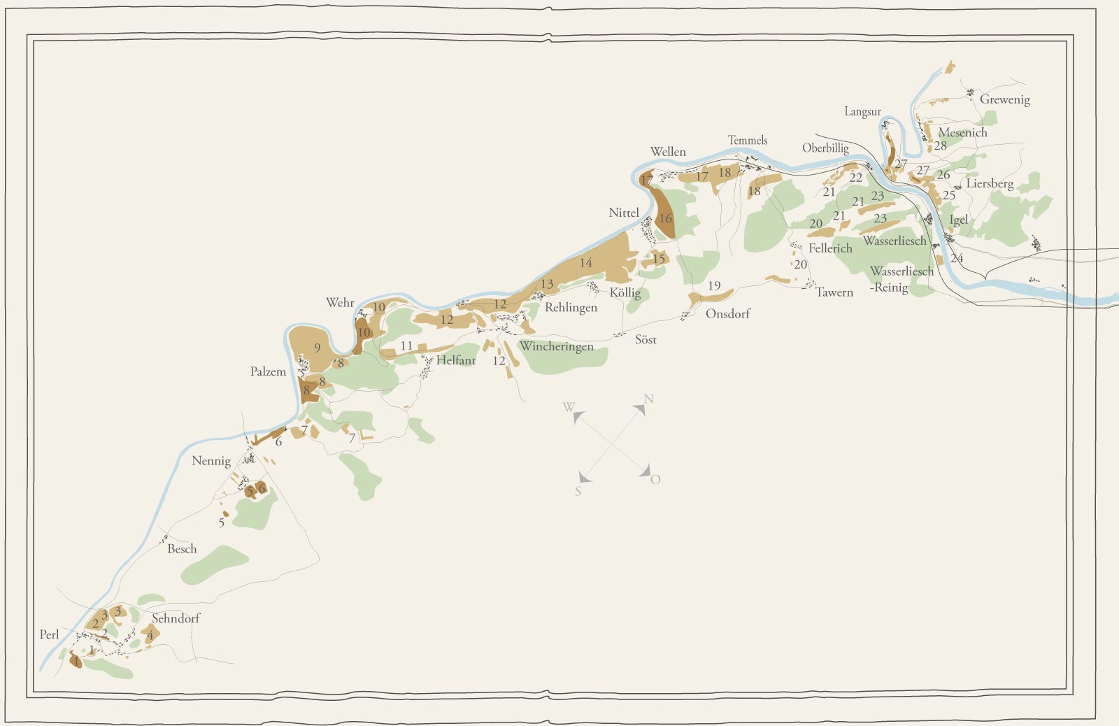 Weinbaukarte der Obermosel und des Moseltores im Stile des 19. Jahrhunderts