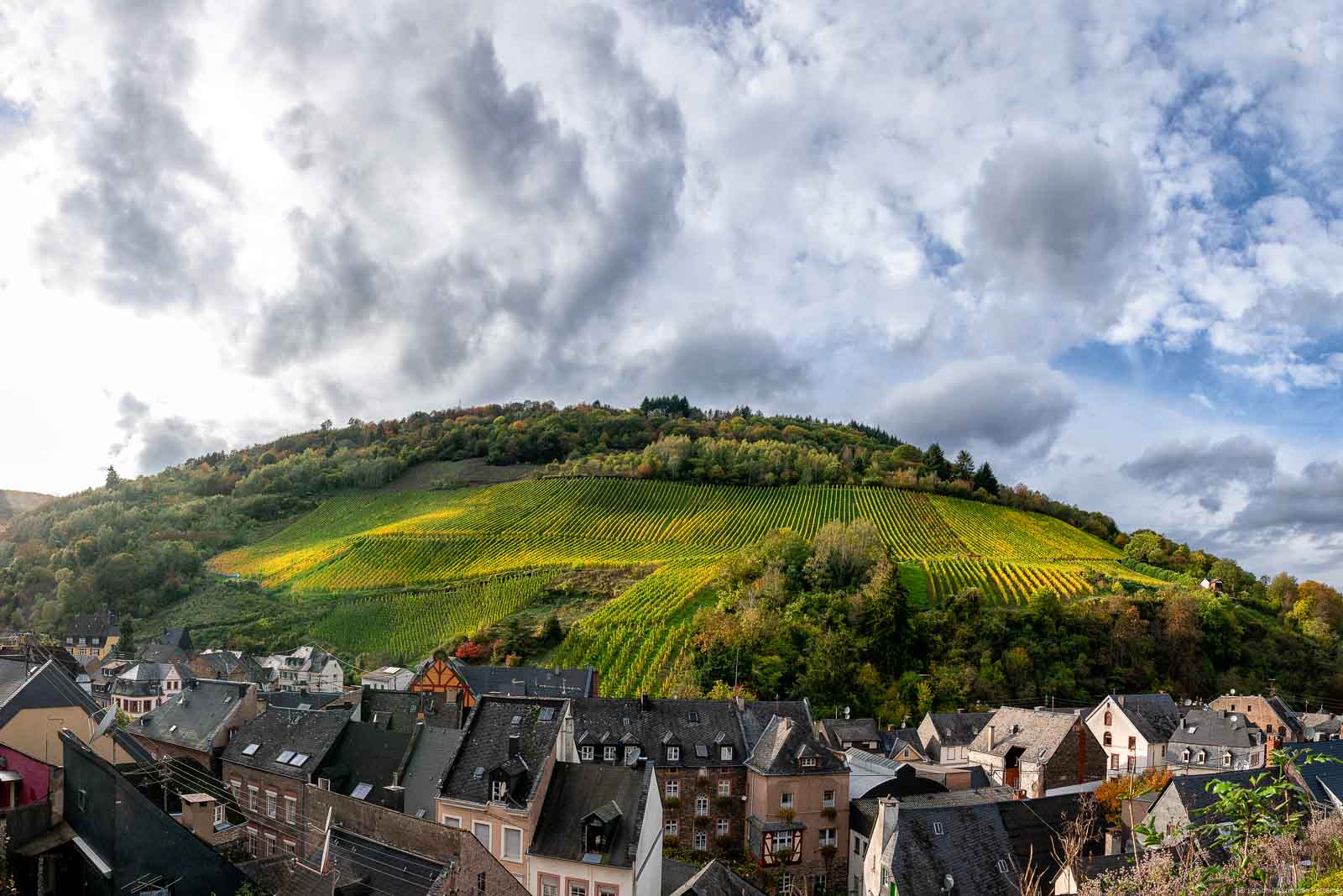 Ort Traben-Trarbach, Häuser, Dächer, Weinberg Trarbacher Taubenhaus im Herbst, Wolken