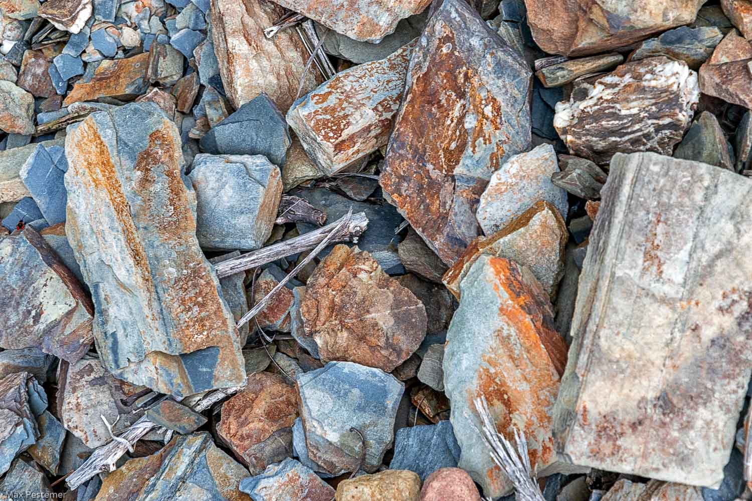 Blau-grauer Schiefer am Sonnenberg mit Eisenbestandteilen auf dem Boden im Waldrach Sonnenberg.