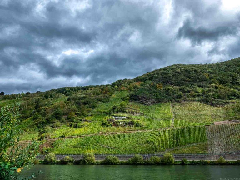 Fluss Mosel, steiler Weinberg Wolfer Goldgrube, Wolken