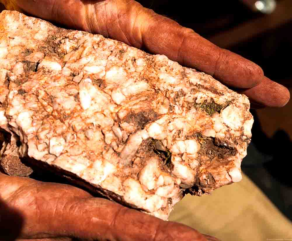 Quarzitgestein vom Wawerner Jesuitenberg an der Saar, Hände der Winzers Cord Treseler