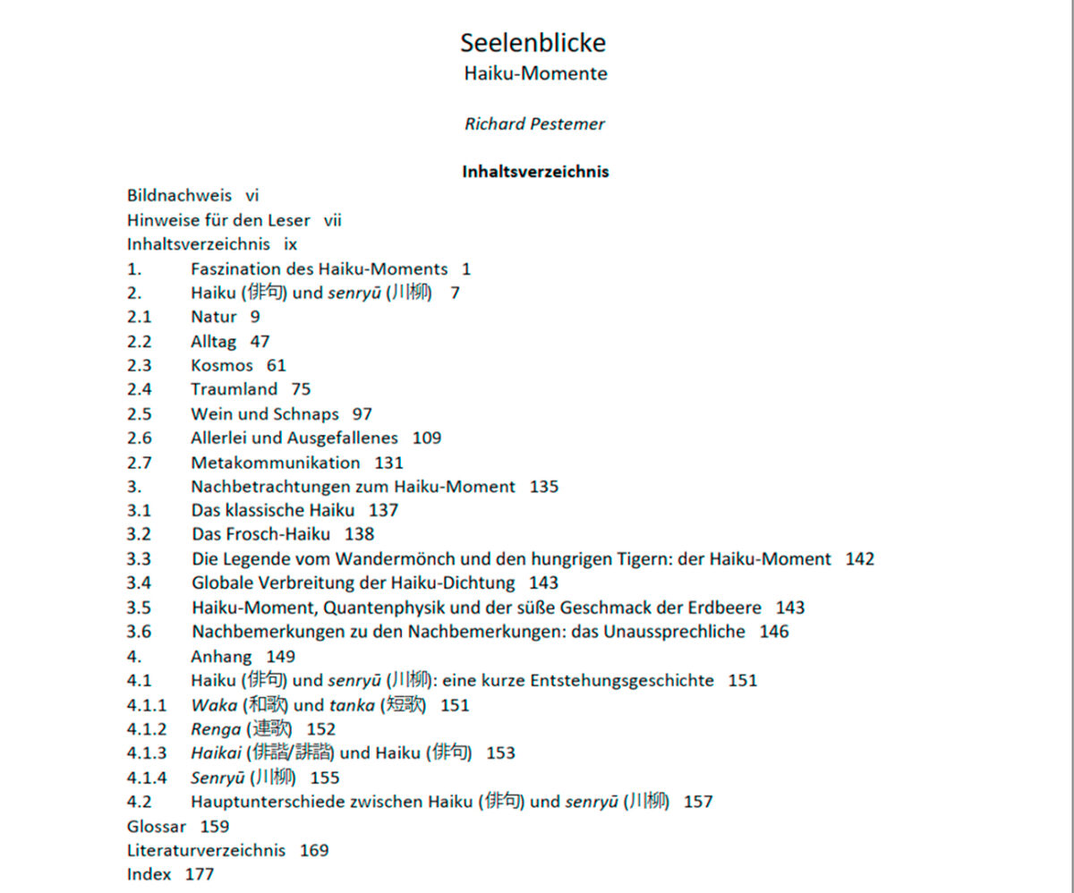 Inhaltsverzeichnis des Haiku Bandes Seelenblicke