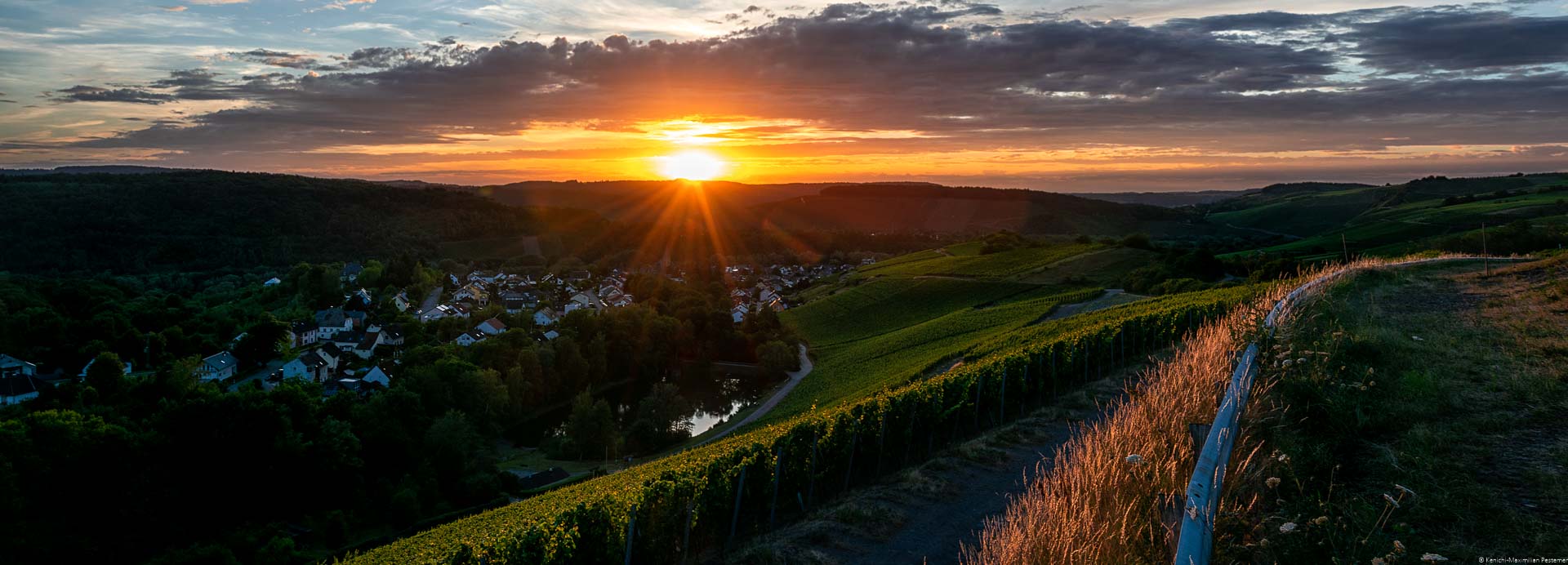 Sonnenuntergang am Weinberg Wiltinger Braunfels an der Parzelle Vols. Am Fuße des Weinberges fließt der Praweltsbach. Daneben liegt der Ort Wiltingen.