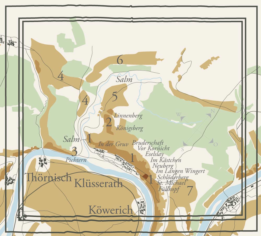 Alte Weinbau-Karte des Weinbergs Klüsserather Brüderschaft mit einzelnen Parzellen