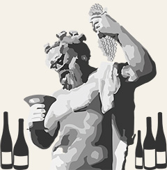 Gott mit Weinen: Illustration einer Dionysus- aka Bacchus-Statue beim Weintrinken und mit Weinflaschen am Boden.