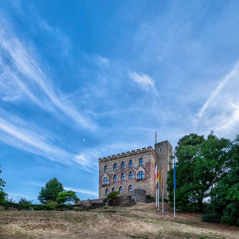 Vorne ist Wiese. Links und Rechts sind Bäume. Auf der rechten Seite sind Flaggen von Deutschland und der EU. In der Mitte des Bildes befindet sich das Hambacher Schloss. Der Himmel über der Weinregion Pfalz ist blau.
