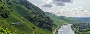 Links erkennt man den Weinberg Ürziger Würzgarten. Rechts unten im Bild fließt die Mosel. Am gegenüberliegenden Ufer der Mosel befindet sich der Ort Erden. Im Hintergrund sind weitere Weinberge und bewaldete Hügel sowie Wolken am grau-blauen HImmel.