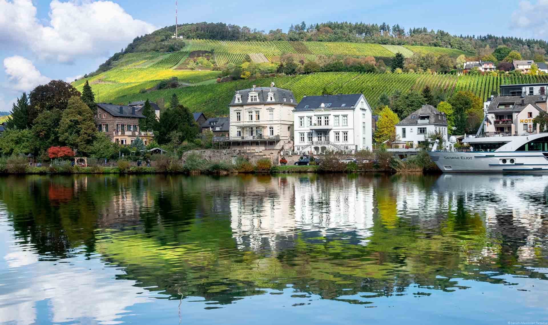 Im Vordergrund spiegelt sich die Traben-Trarbacher Uferpromeande mit einigen Häusern in der Mosel. Hinter der Uferpromenade liegt der Weinberg Trabener Kräuterhaus. Der Himmel ist blau.