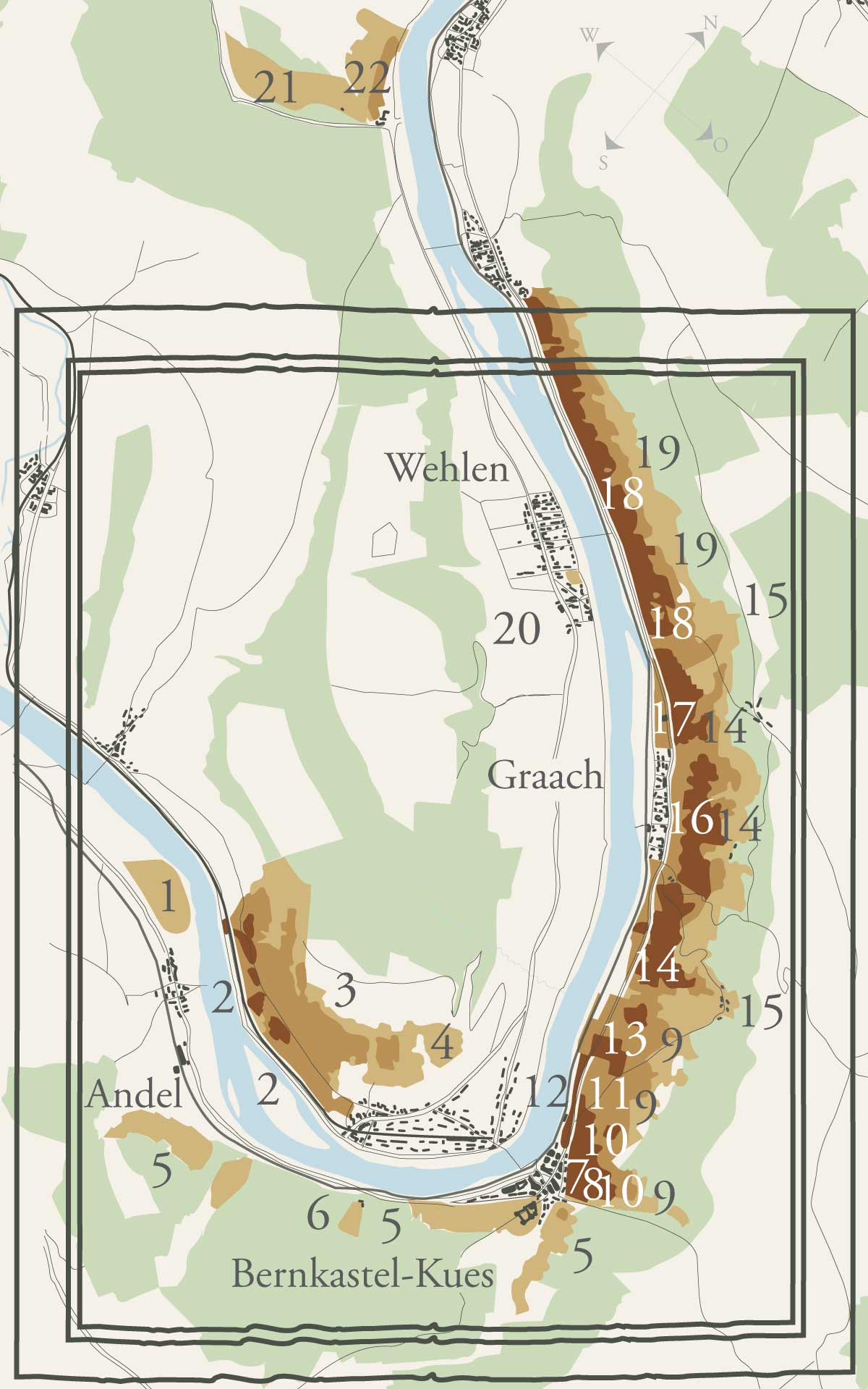 Weinbau-Karte des Ortes Bernkastel-Kues, Andel, Graach und Wehlen. Es sind alle Weinberge in der Gegend eingezeichnet.