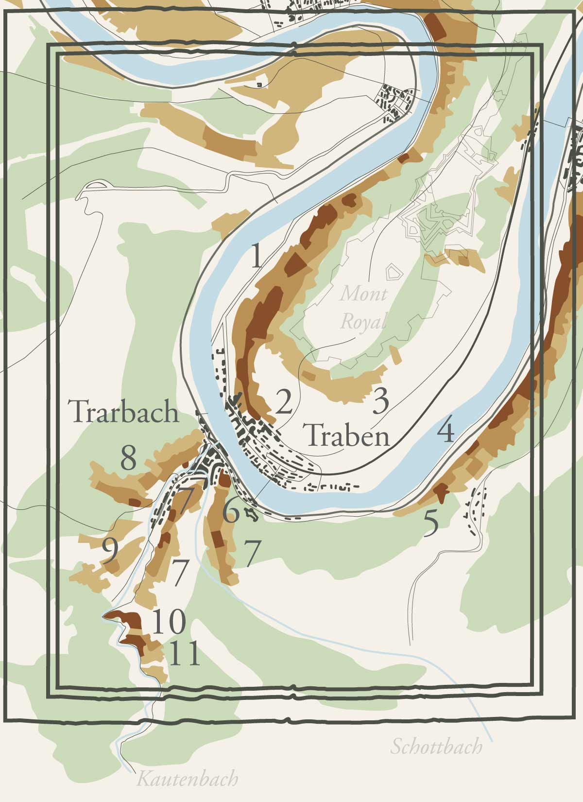 Man sieht eine Weinbau-Karte des Ortes Traben-Trarbach. Dort sind elf Weinberge eingezeichnet von denen der Traben-Trarbach Wein stammt.