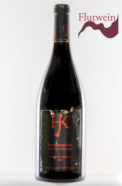 Weinmanufaktur Heiner Ahr Spätburgunder Ahrweiler Rosenthal 2011 trocken trocken Ahr Flutwein dunkle Weinflasche Frontetikett mit roter Schrift