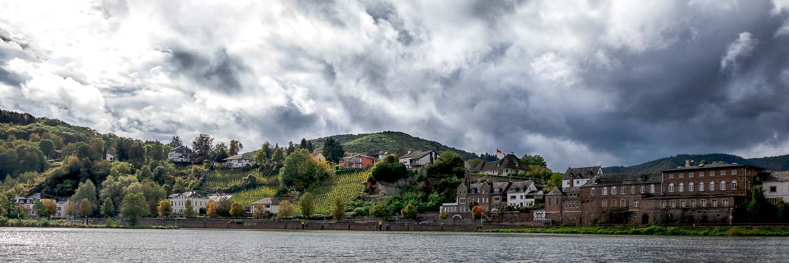 Im Vordergrund fließt der Fluss Mosel. Die Alfer Hoelle ist ein Weinberg der sich in den Ort Alf einfügt. Der Weinberg liegt an einem Hang zwischen Häusern am Ufer des Flusses. Der Himmel ist stark bewölkt.