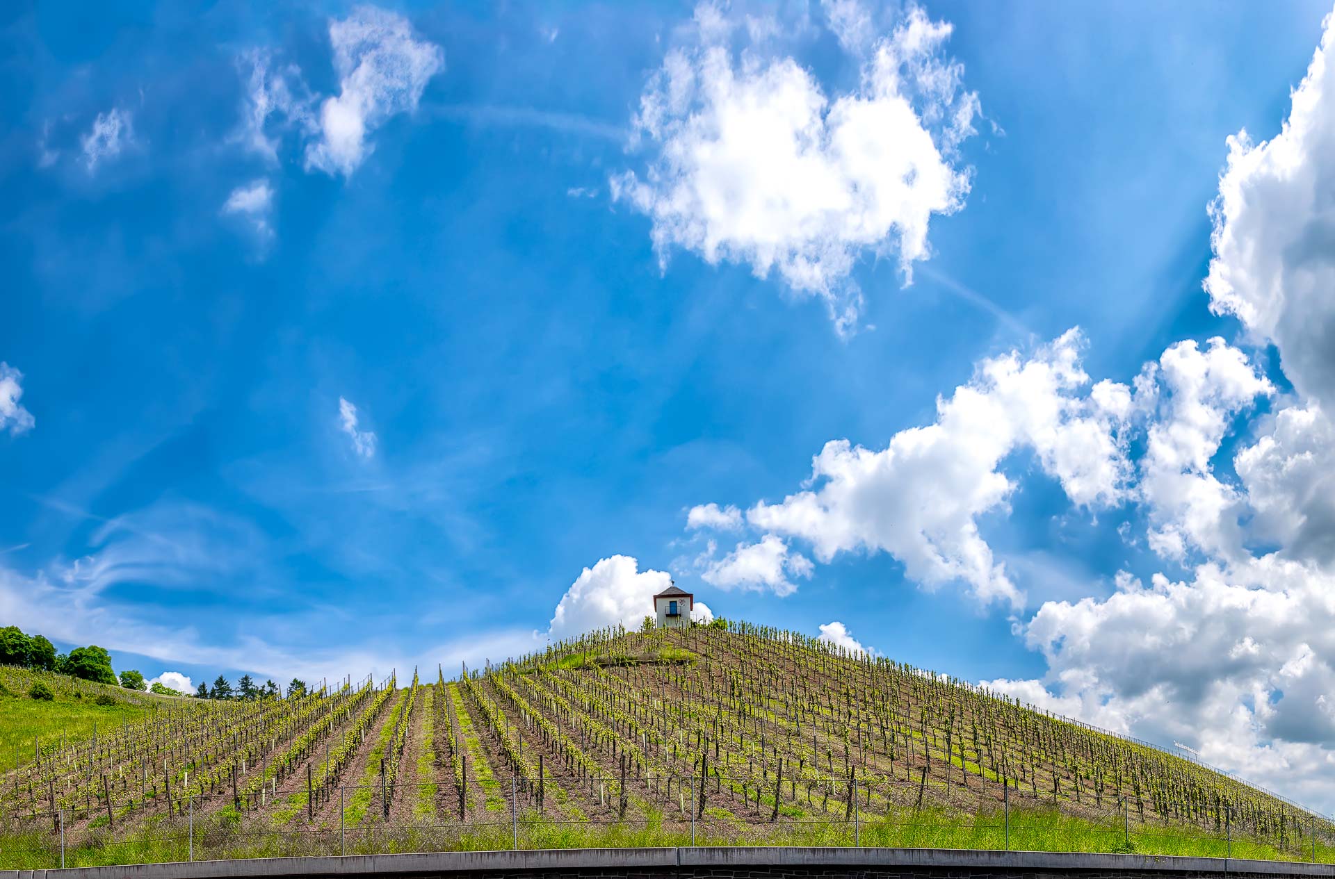 Kleines weißes Häuschen auf dem Weinberg Trierer Deutschherrenköpfchen mit bewölktem blauen Himmel