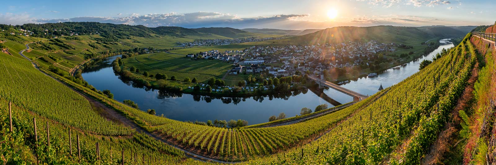 Aus dem Weinberg Trittenheimer Apotheke blickt man in das Moseltal hinein. Am unteren Ende des Hanges im Vordergrund fließt die Mosel. Ein Brücke führt zum Ort Trittenheim am gegenüberliegenden Moselufer. Im Hintergrund links befindet sich der Ort Leiwen. Die Sonne strahlt am leicht bewölkten Himmel.