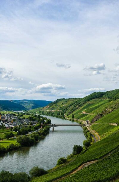In der Mitte fließt der Fluss Mosel. Über all sind Weinberge. Am linken Ufer liegt der Ort Trittenheim.