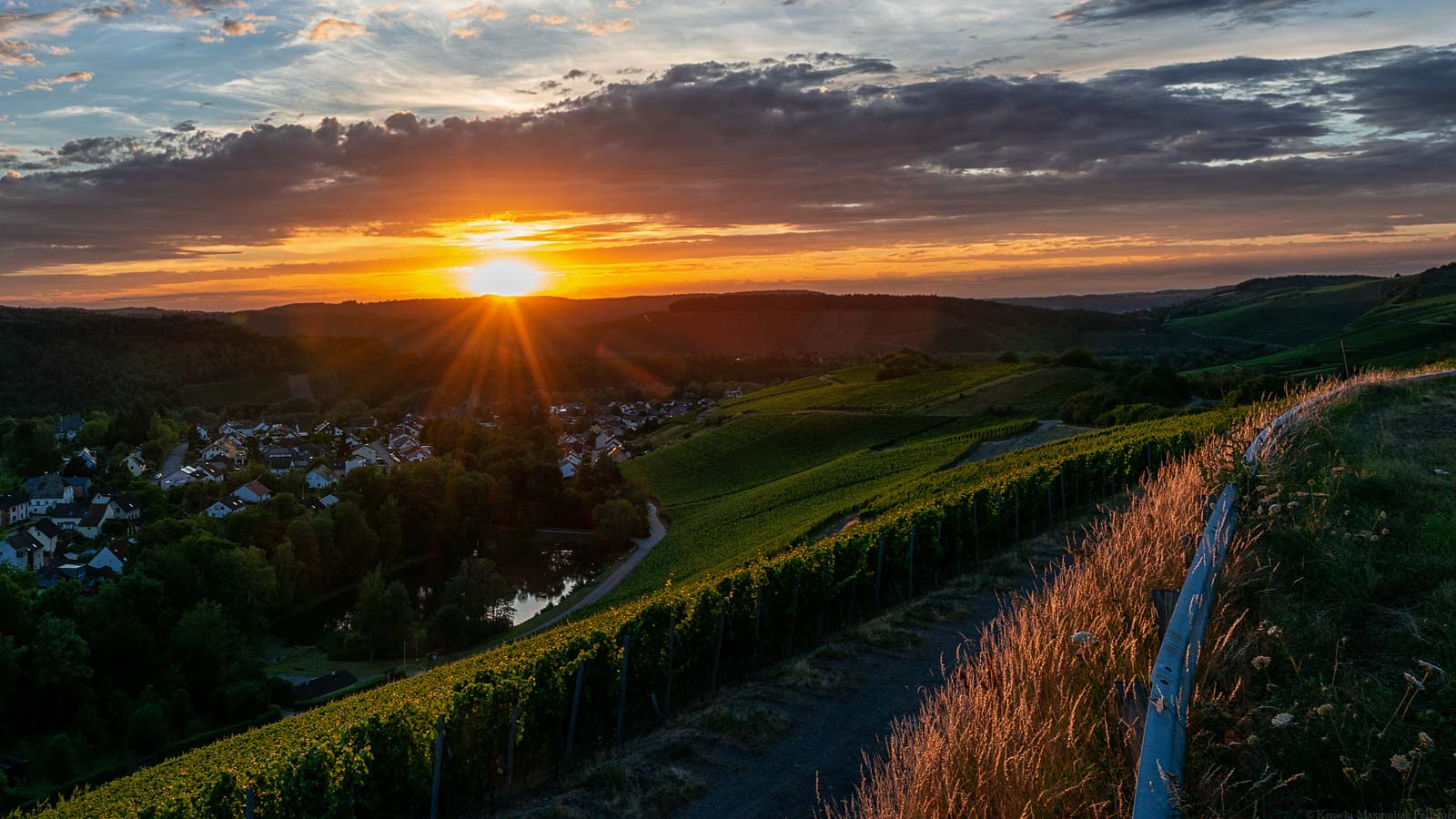Sonnenuntergang am Weinberg Wiltinger Braunfels an der Parzelle Vols. Am Fuße des Weinberges fließt der Praweltsbach. Daneben liegt der Ort Wiltingen.