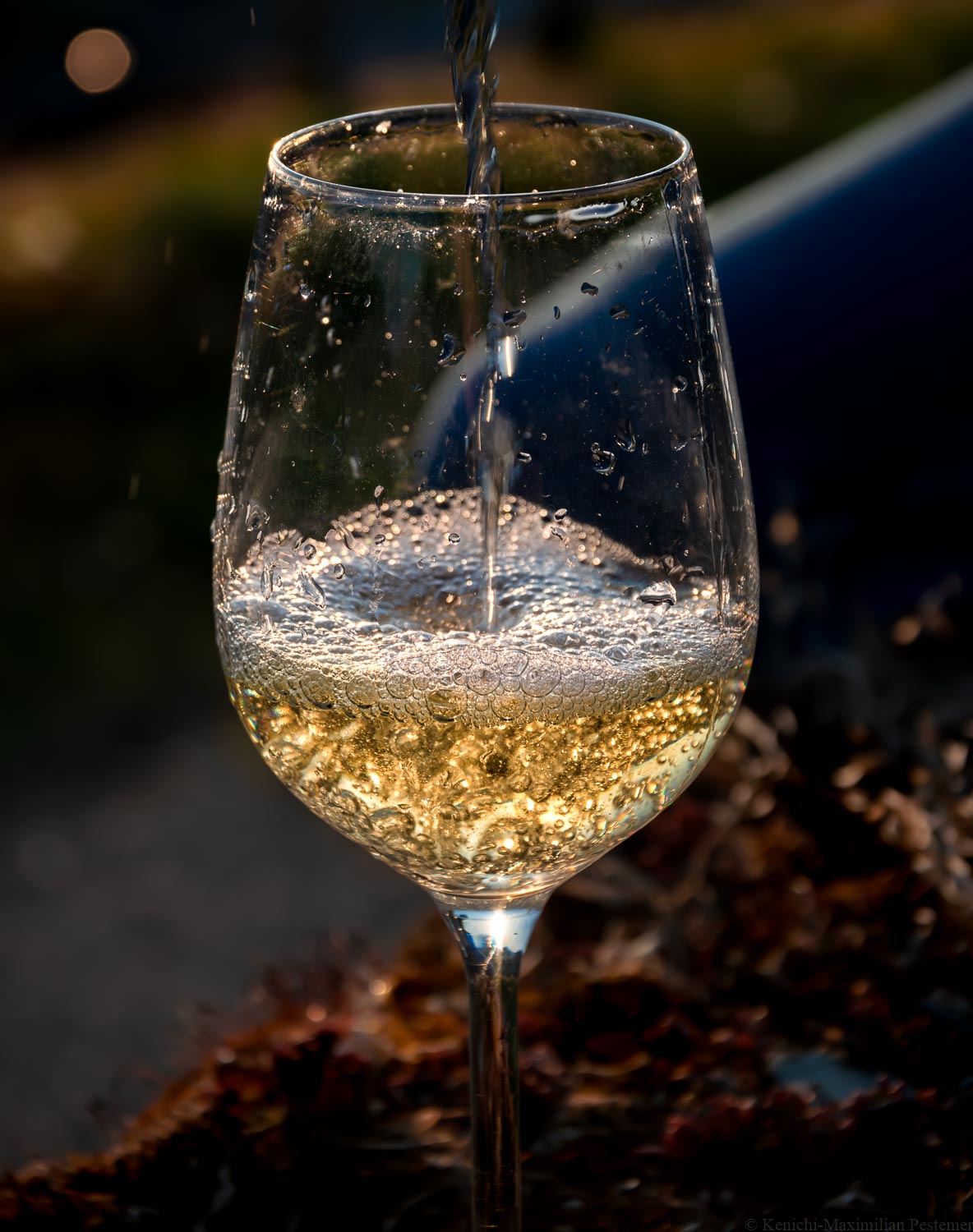 Riesling-Wein wird Abends in ein Glas gegossen
