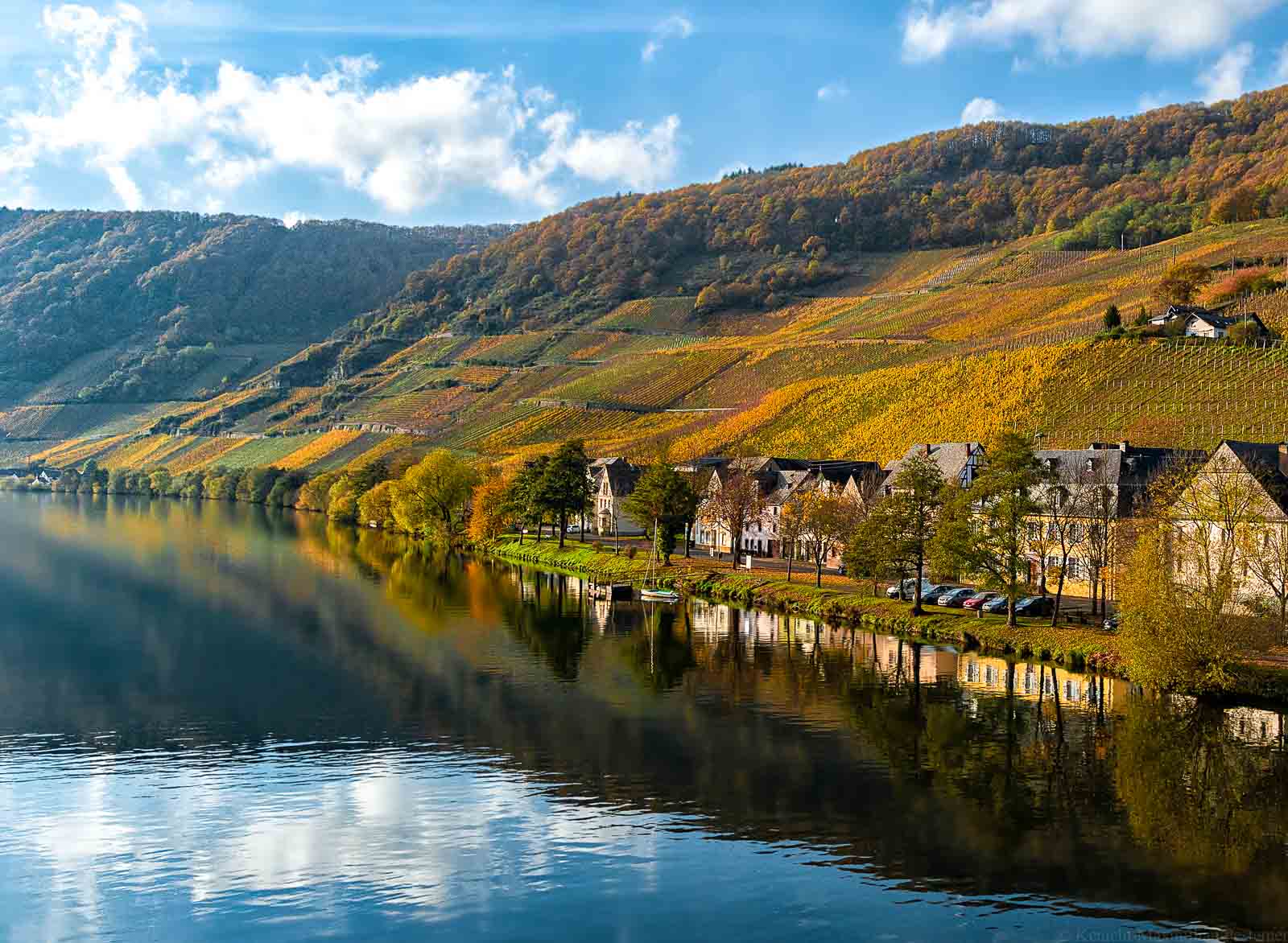 Man blickt auf den Fluss Mosel im Vordergrund. Dahinter befindet sich am rechten Ufer der Ort Piesport und das Weingut Reinholt Haart mit herbstlich bunten sowie steilen Weinbergen. Am blauen Himmel oben befinden sich einige Wolken.