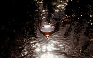 Ein Glas Rosé-Wein steht im Bach und wird vom Sonnenlicht angestrahlt. Das Sonnenlicht wird vom Bach reflektiert.