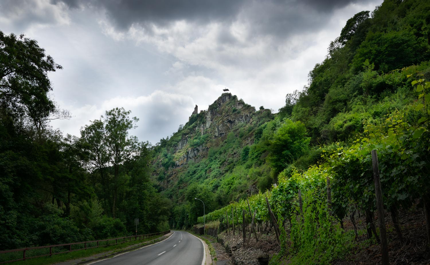 Auf der linken Seite befindet am späten Nachmittag Wald im Schatten. In der Mitte unten befindet sich eine Straße, welche nach Altenahr führt. Oben in der Mitte befinden sich die Ruinen der Burg Are auf einem großen Felsen. Am rechten Rand sieht man die Reben des Weinberges Altenahrer Eck.