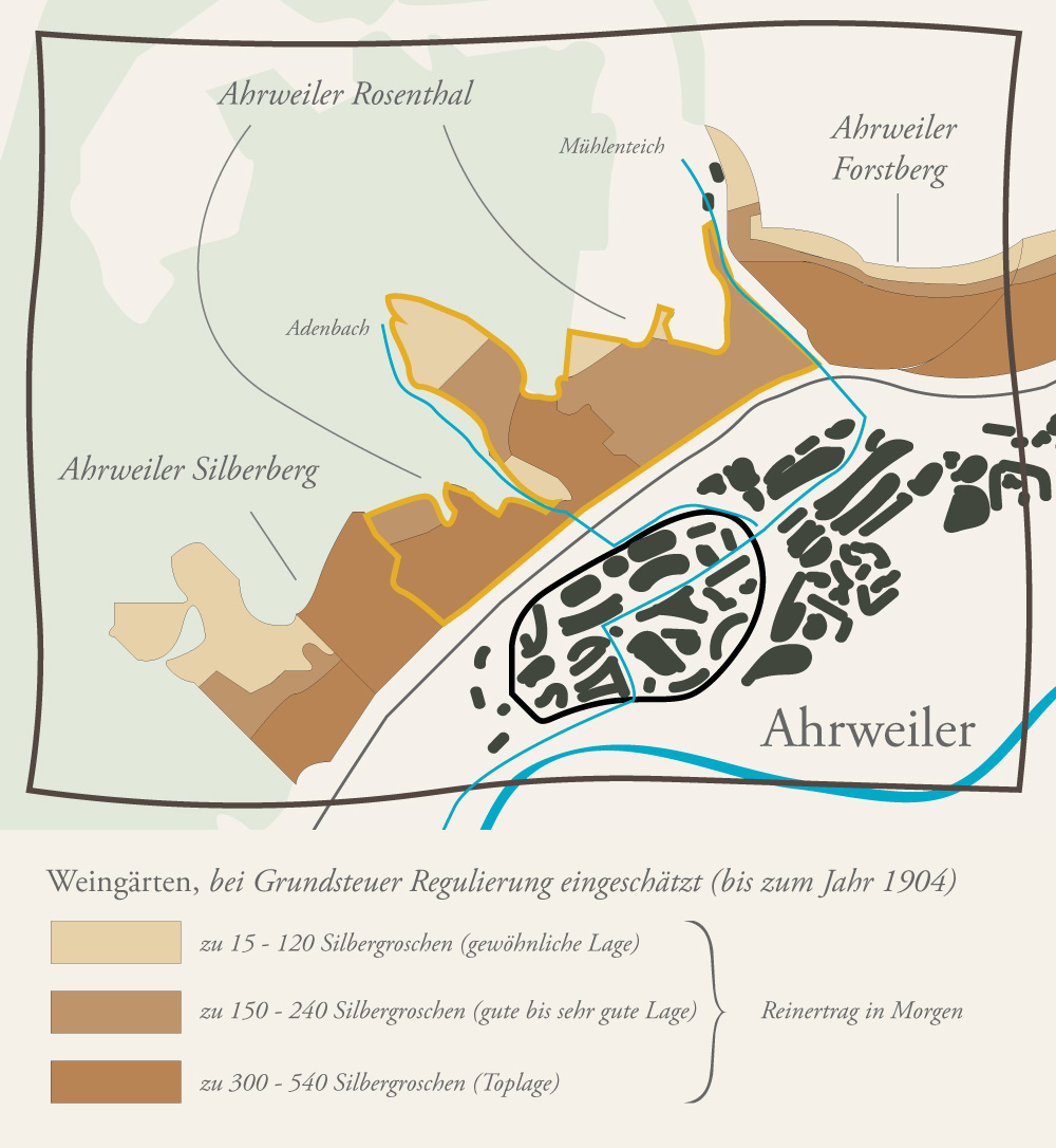Alte Weinbaukarte, welche den Weinberg Ahrweiler Rosenthal darstellt mit einer Legende
