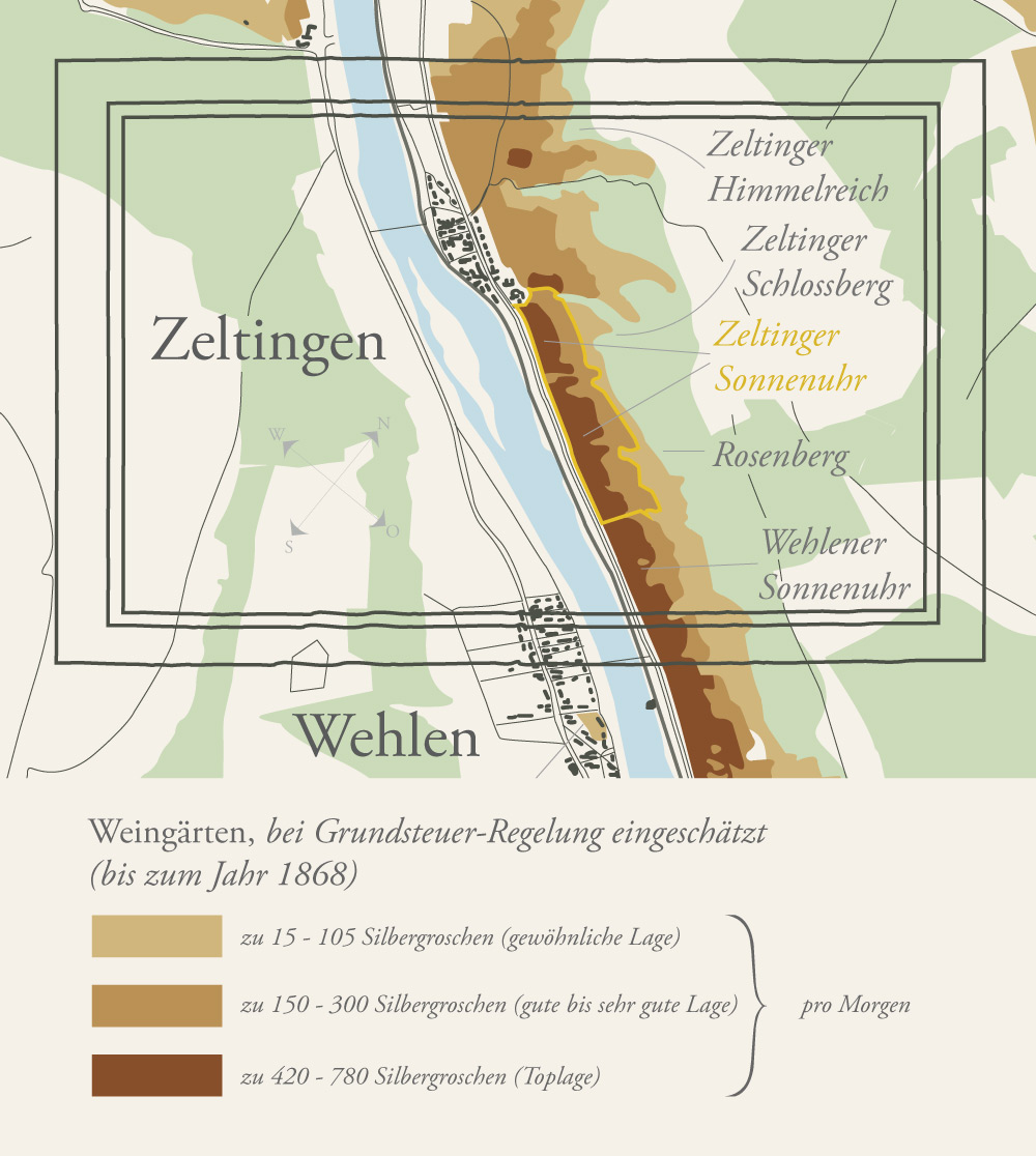 Die Karte stellt die preußischen Lagenklassifizierungen aus dem Jahre 1868 in braunen Farben dar. Die Zeltinger Sonnenuhr ist dem Fluss Mosel eingezeichnet.