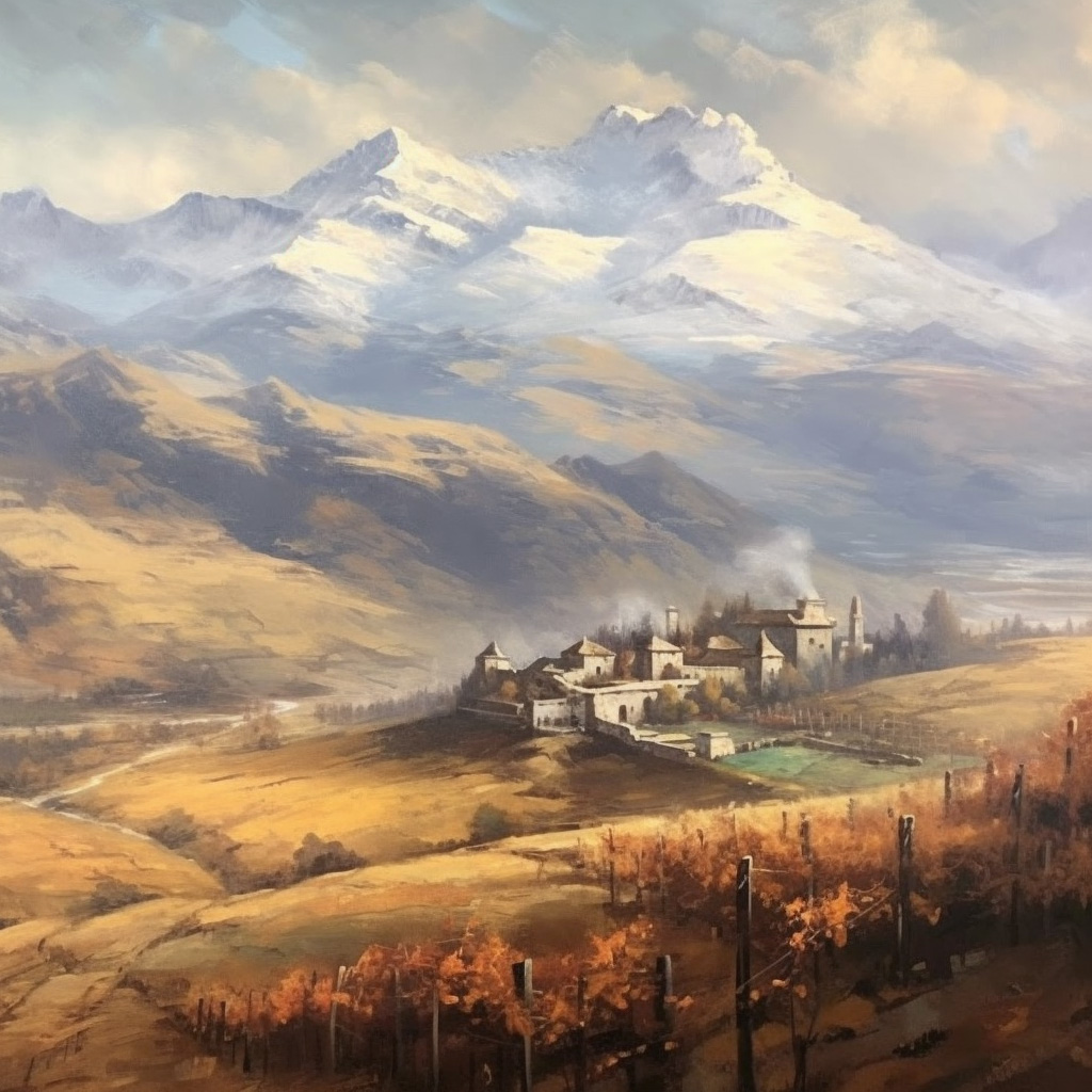 KI generiertes Bild im Stile von William Turner, dass einen kleinen Ort in Kachetien darstellt. Im Vordergrund sieht man Weinberge. Im Hintergrund erkennt man die Berge des Großen Kaukasus.