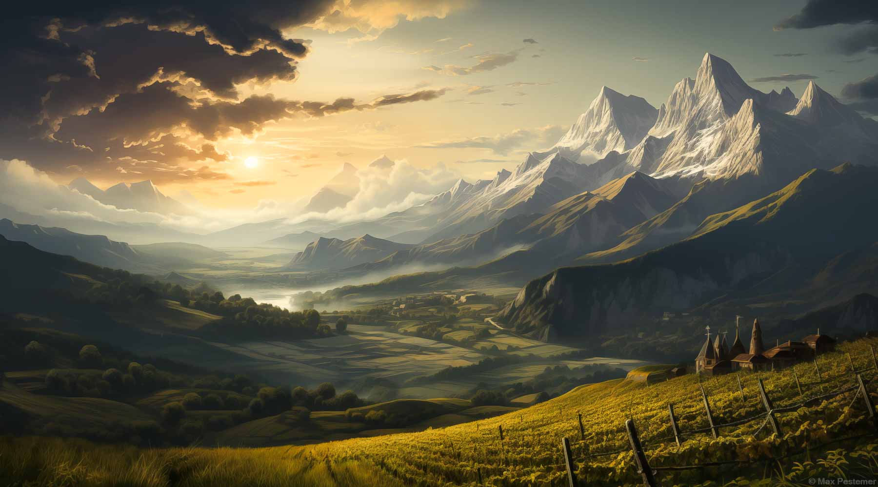 KI-generiertes Bild, dass das Alazani-Tal in Kachetien darstellt. Im Vordergrund rechts sieht man Kirchen und Weinberge. Im Hintergrund ragen die Berge des großen Kaukasus hervor. Im Tal sieht man Felder, Weinberge und ein Dorf.